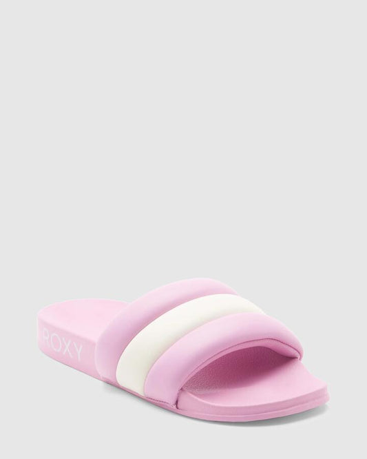 Image of Slippers. Product name - Roxy Womens Puff It Slides Lilac in Lilac colour by brand - Roxy