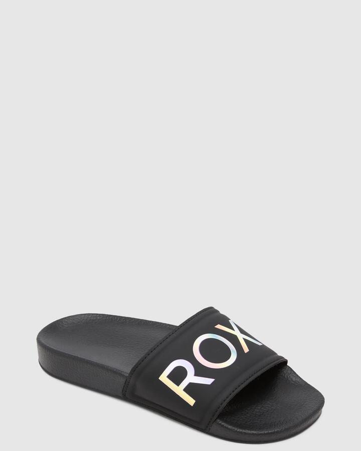Image of Slippers. Product name - Roxy Girls 8-16 Slippy Slides Black in Black colour by brand - Roxy