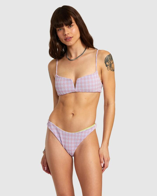 Image of a model wearing Tops. Product name - RVCA Womens Prepped V-Wire Bralette Bikini Top Iris in Iris colour by brand - RVCA
