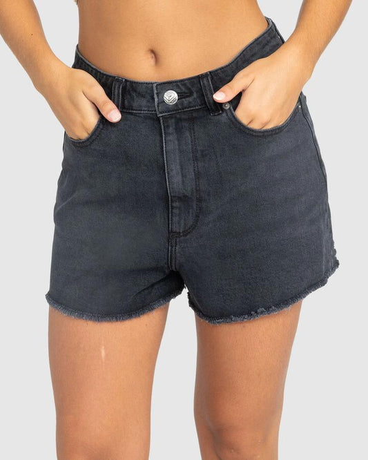 Image of a model wearing Shorts. Productname: Roxy - Womens Eva Denim Shorts - Anthracite - in Anthracite colour by brand - Roxy