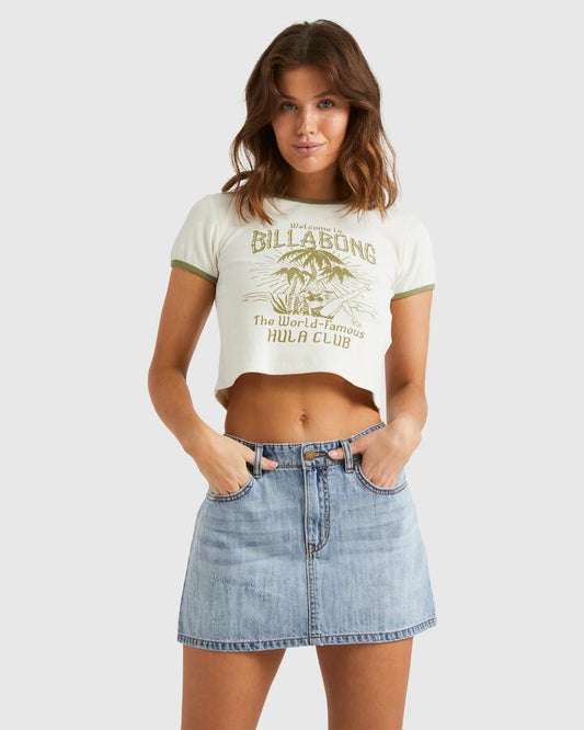 Image of a model wearing Skirts. Productname: Billabong - Womens Frankie Denim Mini Skirt - Water - in Water colour by brand - Billabong