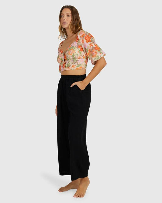 Image of a model wearing Pants. Productname: Billabong - Womens Follow Me Pants - Black - in Black colour by brand - Billabong