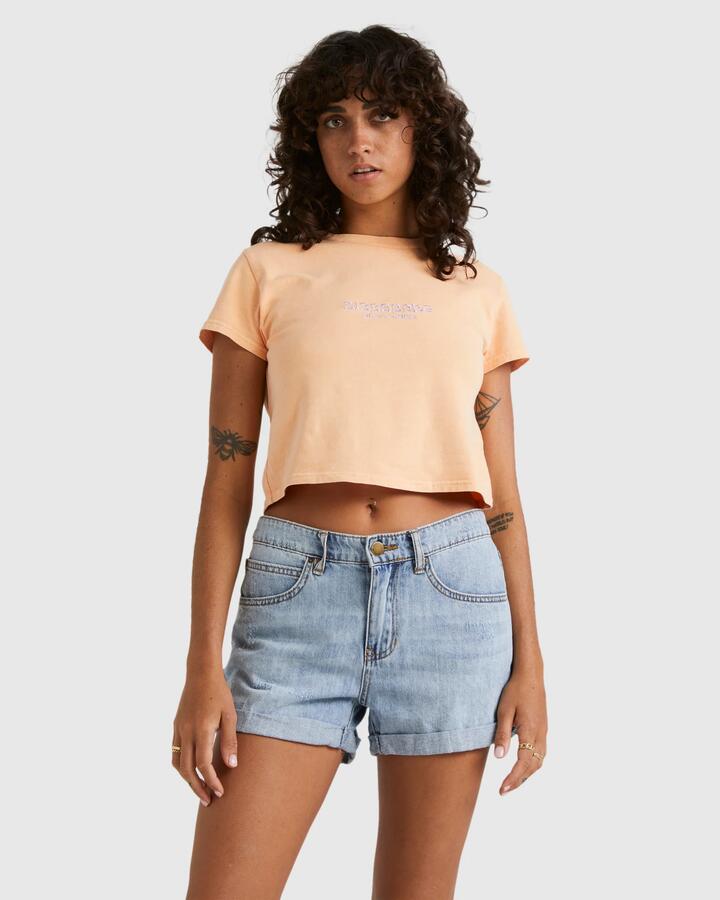 Image of a model wearing Shorts. Productname: Billabong - Womens Frankie Denim Shorts - Water - in Water colour by brand - Billabong