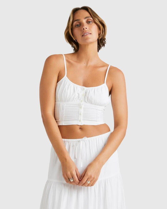 Image of a model wearing Tops. Productname: Billabong - Womens High Tides Crop Top - White - in White colour by brand - Billabong