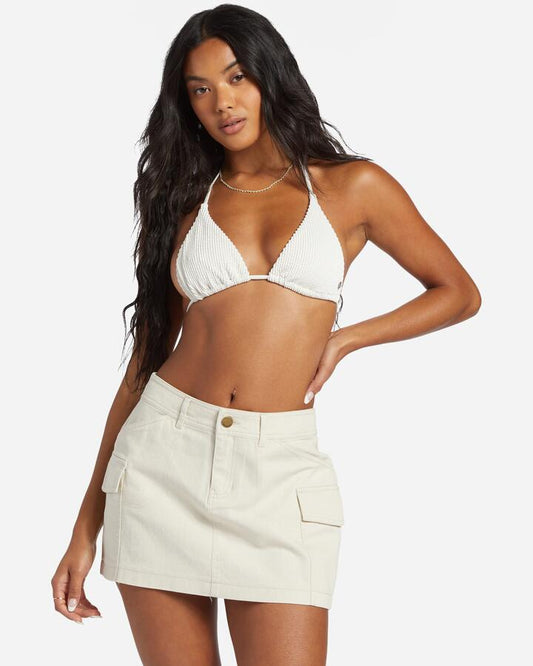 Image of a model wearing Skirts. Productname: Billabong - Womens Hilary Cargo Denim Skirt - Whitecap - in Whitecap colour by brand - Billabong