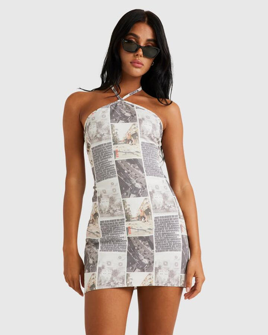 Image of a model wearing Tops. Productname: RVCA - Womens Kyoto Halter Mini Dress - Whisper White - in Whisper White colour by brand - RVCA