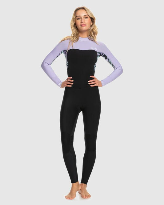 Image of a model wearing Tops. Productname: Roxy - Womens 3/2Mm Swell Series Gbs Back Zip Wetsuit - Anthracite Splash Yw - in Anthracite Splash Yw colour by brand - Roxy