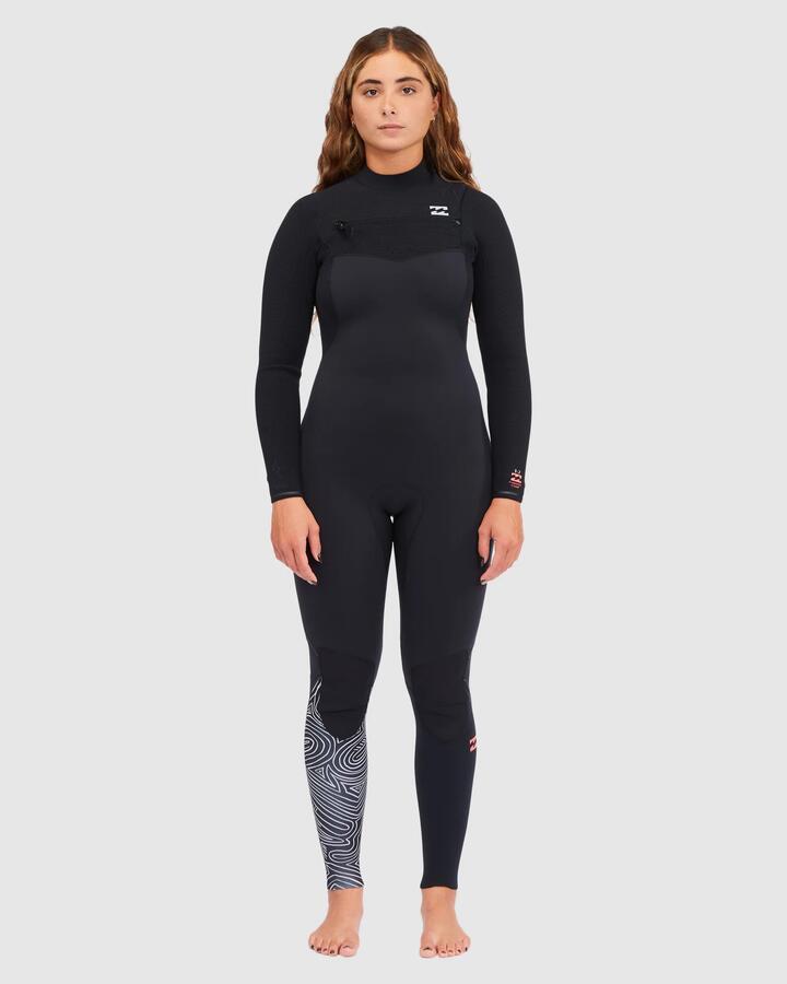 Image of a model wearing Tops. Productname: Billabong - Womens 3/2Mm Furnace Comp Steamer Wetsuit - Midnight Trails - in Midnight Trails colour by brand - Billabong