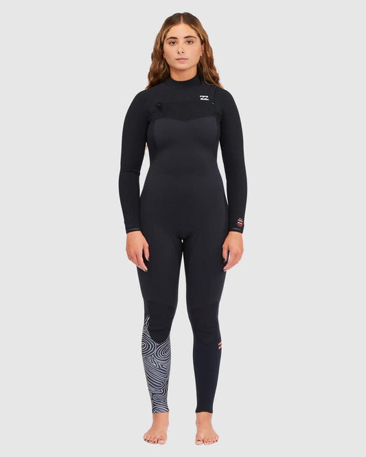 Image of a model wearing Tops. Productname: Billabong - Womens 3/2Mm Furnace Comp Steamer Wetsuit - Midnight Trails - in Midnight Trails colour by brand - Billabong