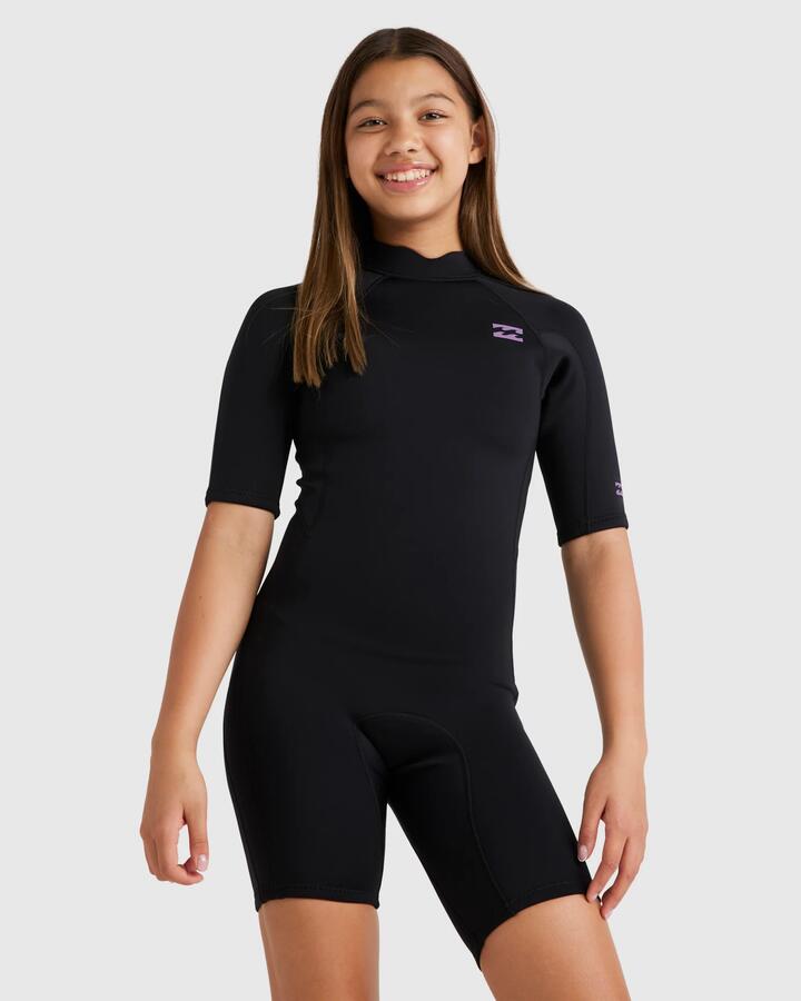 Image of Swimwear. Product name - Billabong Girls 6-14 2/2 Foil Back Zip Springsuit Black in Black colour by brand - Billabong