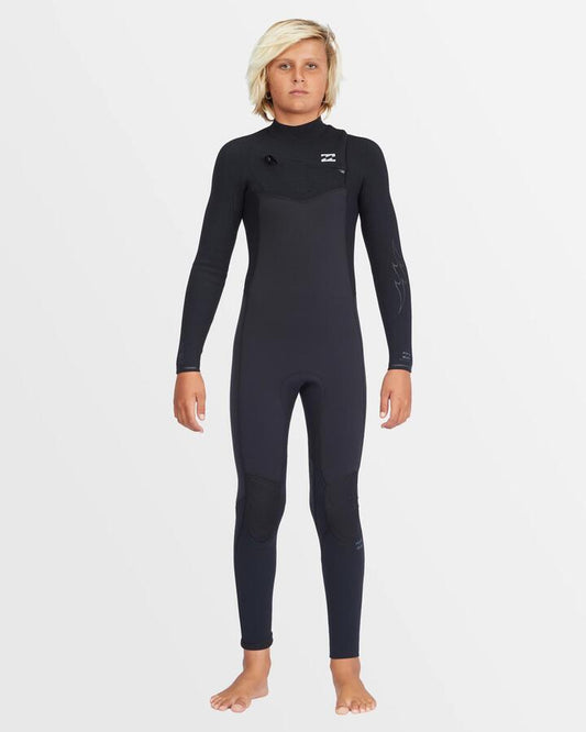 Image of a model wearing Tops. Productname: Billabong - Boys 6-16 3/2Mm Revolution Chest Zip Wetsuit - Black - in Black colour by brand - Billabong