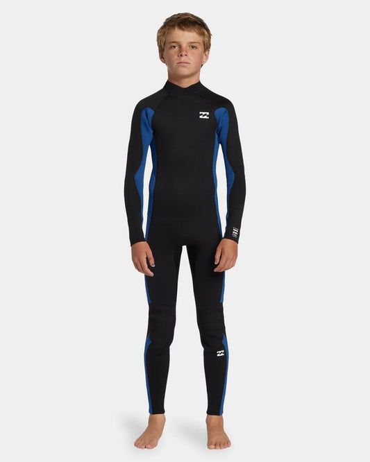 Image of a model wearing Tops. Productname: Billabong Boys 8-16 4/3Mm Foil Back Zip Steamer Wetsuit Mid Blue - in Mid Blue colour by brand - Billabong