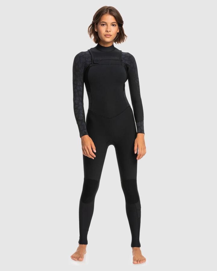 Image of a model wearing Tops. Productname: Roxy Womens 4/3Mm Swell Series Gbs Chest Zip Wetsuit Black - in Black colour by brand - Roxy