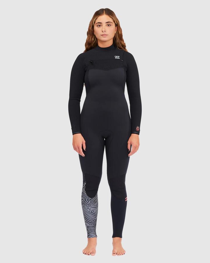 Image of a model wearing Tops. Productname: Billabong Womens 4/3Mm Furnace Comp Chest Zip Wetsuit Midnight Trails - in Midnight Trails colour by brand - Billabong