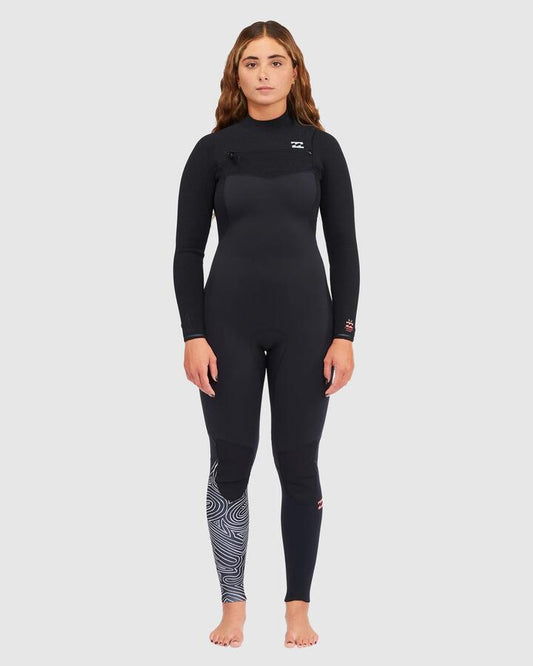 Image of a model wearing Tops. Productname: Billabong Womens 4/3Mm Furnace Comp Chest Zip Wetsuit Midnight Trails - in Midnight Trails colour by brand - Billabong