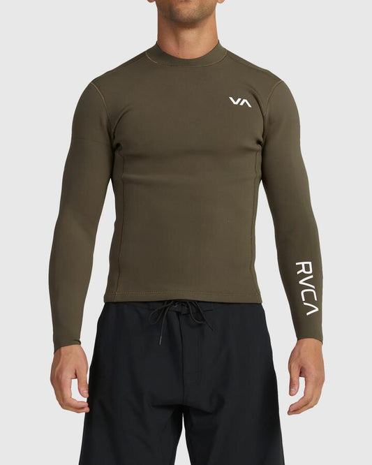 Image of a model wearing Tops. Productname: RVCA - Mens Balance Back Zip Wetsuit Top - Olive - in Olive colour by brand - RVCA