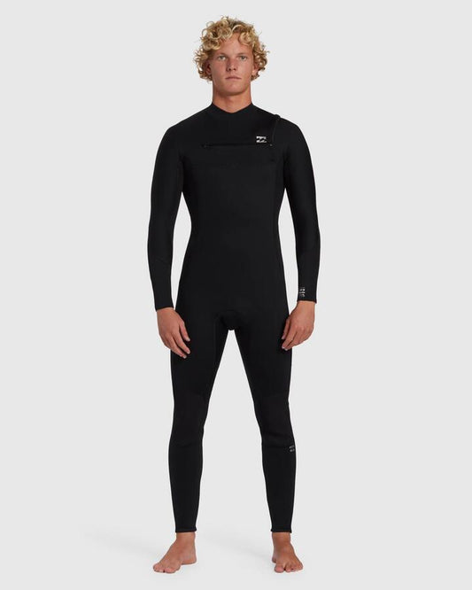 Image of a model wearing Tops. Productname: Billabong - Mens 3/2Mm Foil Chest Zip Steamer Wetsuit - Black - in Black colour by brand - Billabong