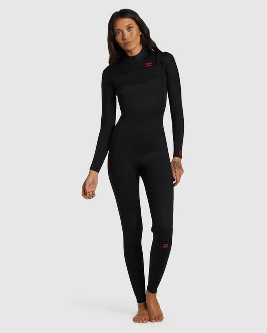 Image of a model wearing Tops. Productname: Billabong - Womens 3/2Mm Foil Chest Zip Steamer Wetsuit - Black - in Black colour by brand - Billabong