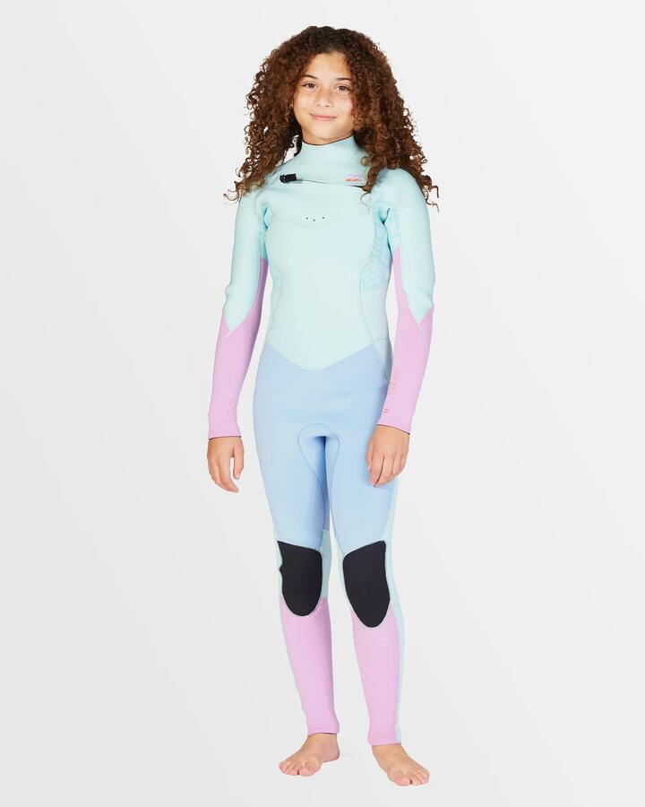 Image of a model wearing Tops. Product name - Billabong Girls 6-14 3/2Mm Synergy Chest Zip Gbs Wetsuit Iceberg in Iceberg colour by brand - Billabong