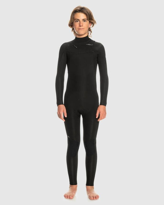 Image of a model wearing Tops. Product name - Quiksilver Boys 8-16 3/2Mm Everyday Sessions Chest Zip Wetsuit Black in Black colour by brand - Quiksilver
