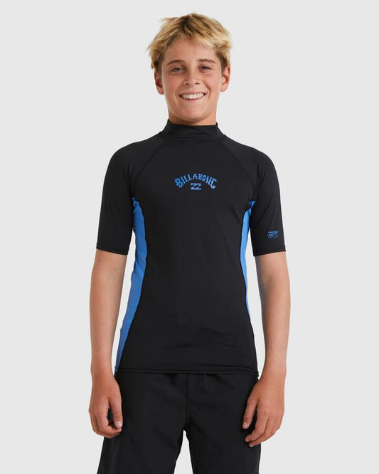 Image of a model wearing Tops. Productname: Billabong Boys 8-16 Arch Short Sleeve Rash Vest Black/Summer Blue - in Black/Summer Blue colour by brand - Billabong