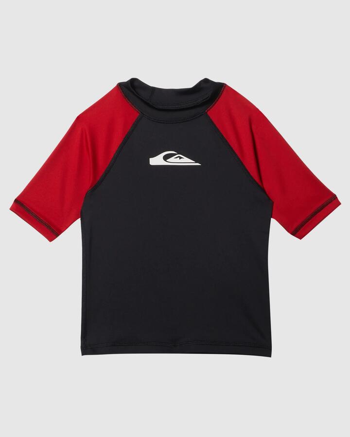 Image of a model wearing Tops. Productname: Quiksilver Boys 2-7 Everyday Short Sleeve Upf 50 Rash Vest Salsa - in Salsa colour by brand - Quiksilver