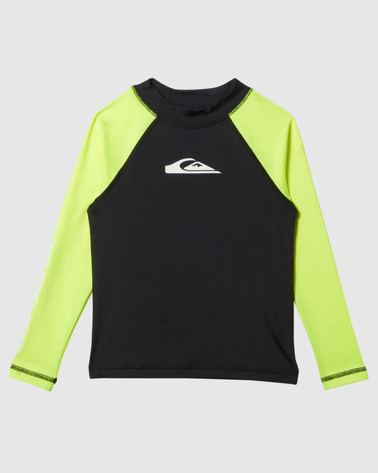 Image of a model wearing Tops. Productname: Quiksilver Boys 2-7 Everyday Long Sleeve Upf 50 Rash Vest Safety Yellow - in Safety Yellow colour by brand - Quiksilver
