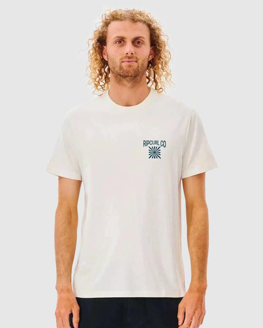 Image of a model wearing Tops. Productname: Rip Curl Mens Cosmic Burst T-Shirt Bone - in Bone colour by brand - Rip Curl