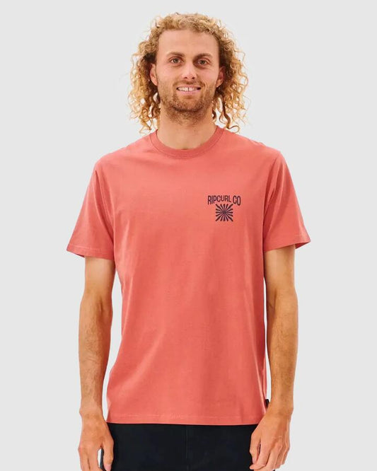 Image of a model wearing Tops. Productname: Rip Curl Mens Cosmic Burst T-Shirt Dusty Mushroom - in Dusty Mushroom colour by brand - Rip Curl