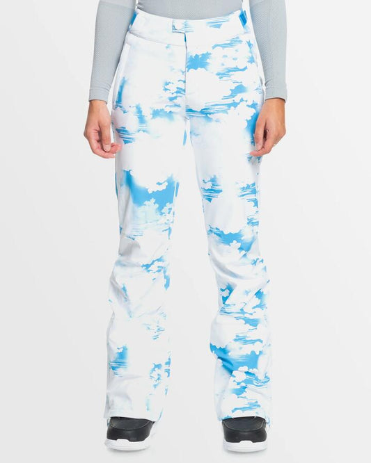 Image of a model wearing Pants. Productname: Roxy Womens Chloe Kim Snow Pants Azure Blue Clouds - in Azure Blue Clouds colour by brand - Roxy