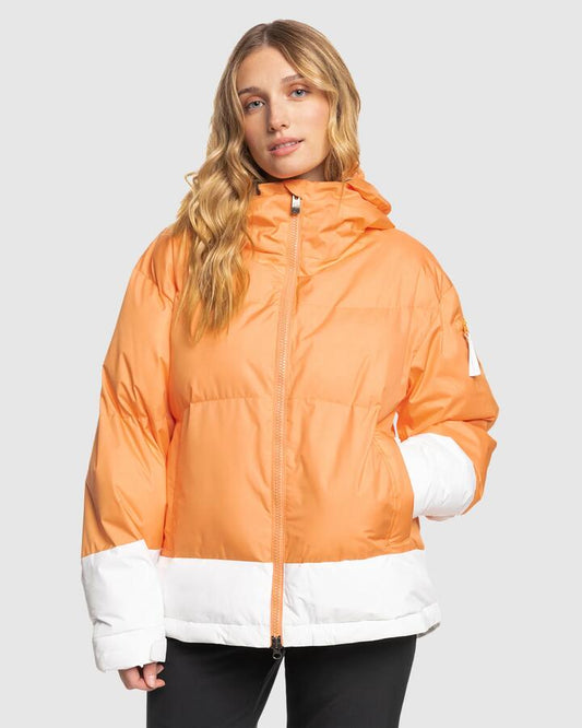 Image of a model wearing Outerwear. Productname: Roxy Womens Chloe Kim Puffy Snow Jacket Mock Orange - in Mock Orange colour by brand - Roxy