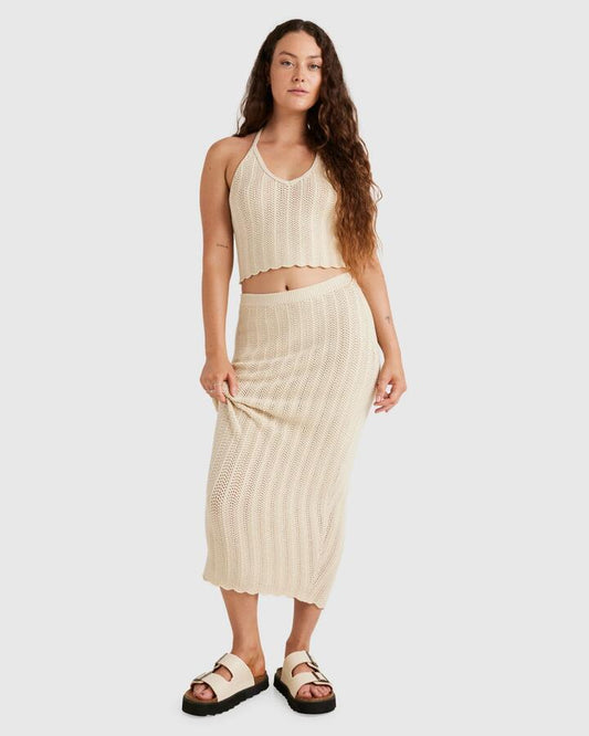 Image of a model wearing Skirts. Productname: RVCA Womens Crochet Midi Skirt Natural - in Natural colour by brand - RVCA