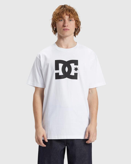 Image of a model wearing Tops. Productname: DC Shoes Mens Dc Star Heritage T-Shirt White - in White colour by brand - DC Shoes