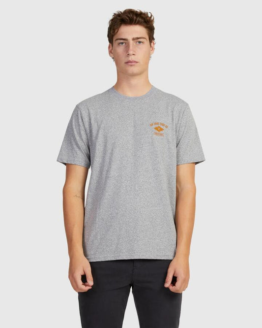 Image of a model wearing Tops. Productname: Rip Curl Mens Ezzy Embroid T-Shirt Grey Marle - in Grey Marle colour by brand - Rip Curl