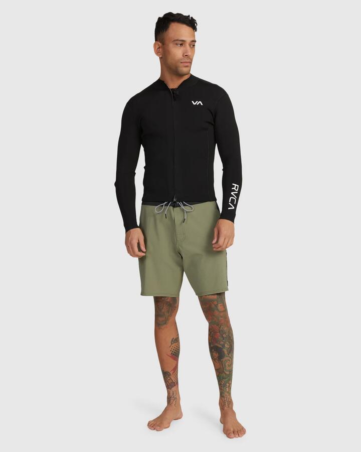 Image of a model wearing Outerwear. Productname: RVCA Mens Balance Front Zip Wetsuit Jacket Black - in Black colour by brand - RVCA