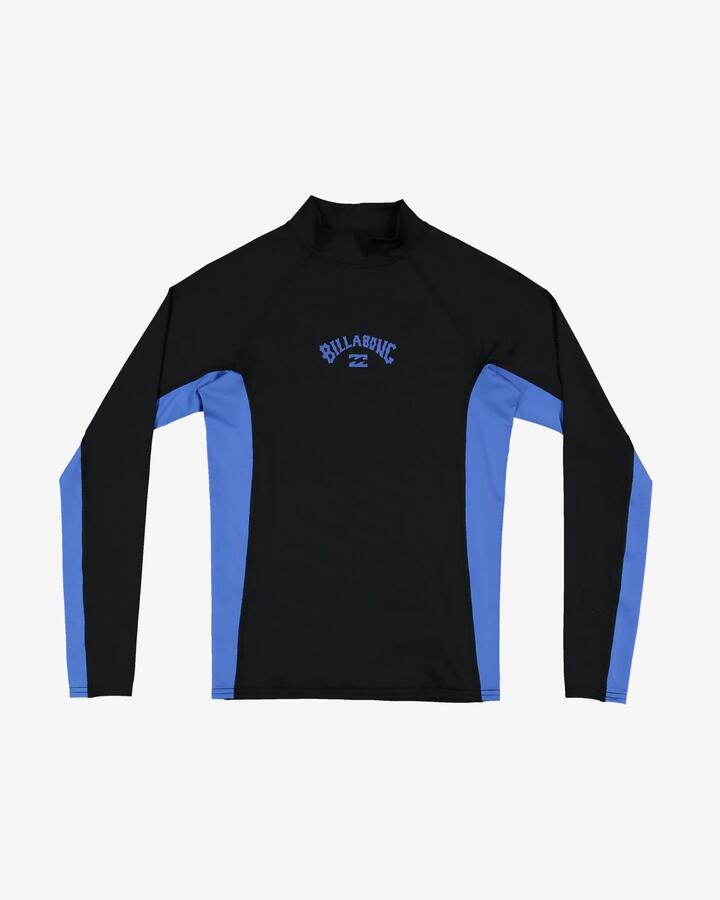 Image of a model wearing Tops. Productname: Billabong Boys 8-16 Arch Long Sleeve Rash Vest Black/Summer Blue - in Black/Summer Blue colour by brand - Billabong