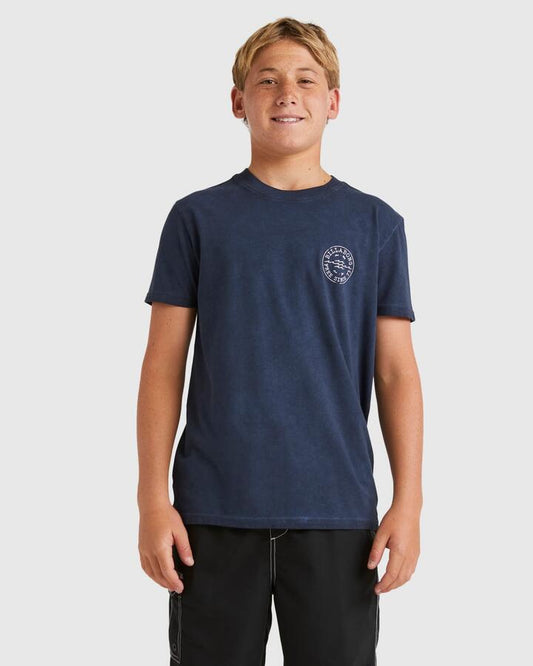 Image of a model wearing Tops. Productname: Billabong Boys 8-16 Big Wave Daz T-Shirt Dusty Navy - in Dusty Navy colour by brand - Billabong