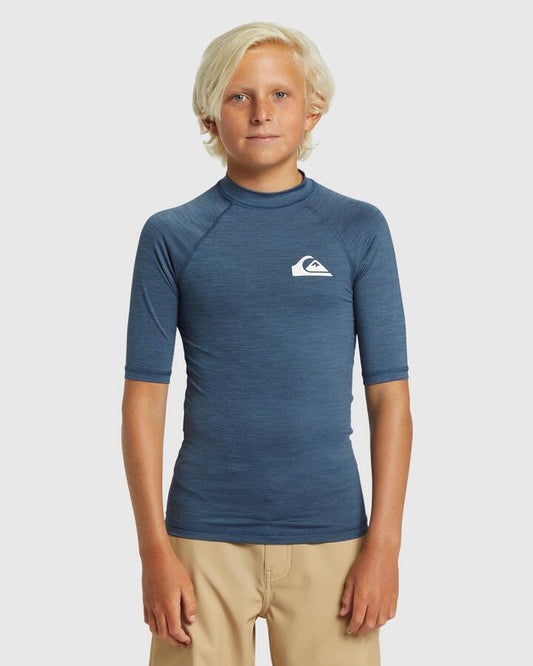 Image of a model wearing Tops. Productname: Quiksilver Boys 8-16 Everyday Short Sleeve Upf 50 Rash Vest Vintage Indigo Heather - in Vintage Indigo Heather colour by brand - Quiksilver
