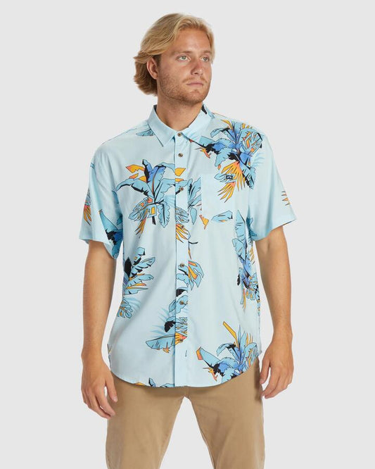 Image of a model wearing Tops. Productname: Billabong - Mens Sundays Short Sleeve Shirt - Coastal - in Coastal colour by brand - Billabong