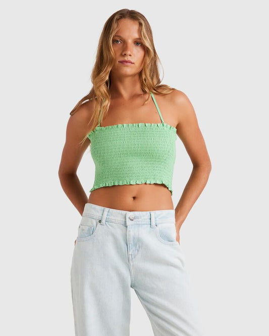 Image of a model wearing Tops. Productname: Roxy - Womens Warm Waters Printed Halter Top - Zephyr Green - in Zephyr Green colour by brand - Roxy