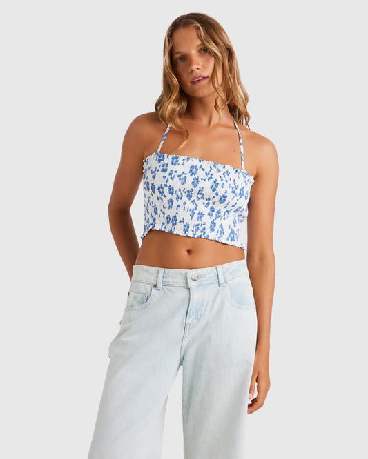 Image of a model wearing Tops. Productname: Roxy - Womens Warm Waters Printed Halter Top - Ultramarine Lady Winter - in Ultramarine Lady Winter colour by brand - Roxy