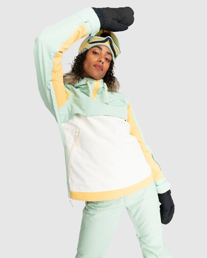 Image of a model wearing Outerwear. Productname: Roxy - Womens Shelter Snow Jacket - Cameo Green - in Cameo Green colour by brand - Roxy
