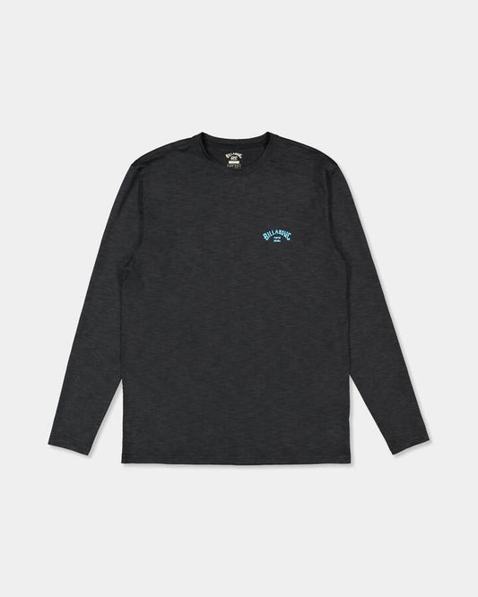 Image of a model wearing Tops. Product name - Billabong Mens Shoreline Loose Fit Long Sleeve Rash Vest Black Heather in Black Heather colour by brand - Billabong