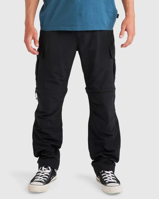 Image of a model wearing Pants. Productname: Quiksilver Mens Low Tide Cargo Pants Black - in Black colour by brand - Quiksilver