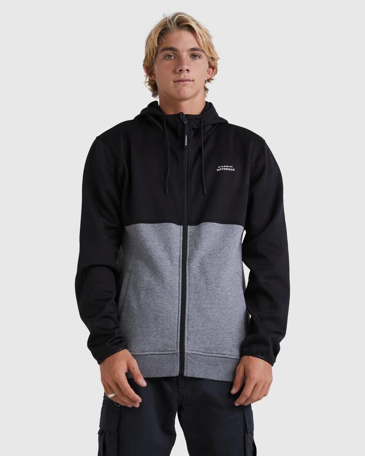Image of a model wearing Outerwear. Product name - Quiksilver Mens Burnz Zip Up Hoodie Black in Black colour by brand - Quiksilver
