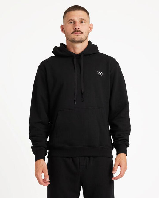 Image of a model wearing Outerwear. Productname: RVCA Mens Va Essential Pullover Hoodie Black - in Black colour by brand - RVCA