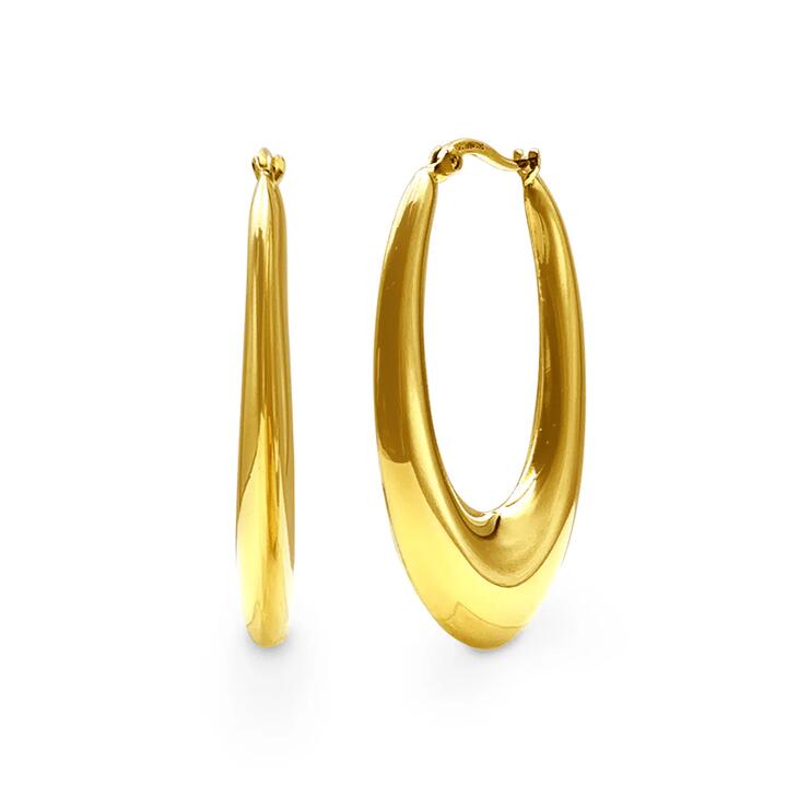 Image of Earrings. Productname: 9kt Yellow Gold Silver Filled Bold Tube Knife Edged Oval Hoop Earrings in Gold colour by brand - Bevilles