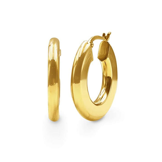 Image of Earrings. Productname: 9kt Yellow Gold Silver Filled Medium Bold Round Flat Edged Hoop Earrings in Gold colour by brand - Bevilles
