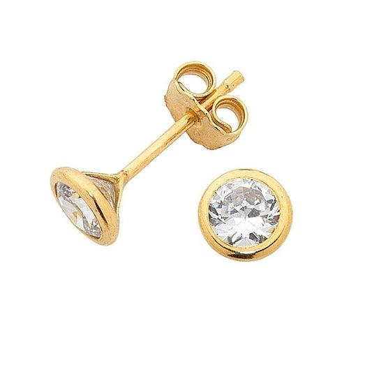 Image of Earrings. Product name - 4mm Bezel Set Cubic Zirconia Stud Earrings in 9kt Yellow Bonded Gold in colour by brand - Bevilles