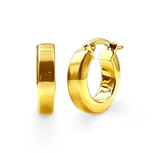Image of Earrings. Productname: 9kt Yellow Gold Silver Infused Small Flat Tube Edged Hoop Earrings in Gold colour by brand - Bevilles